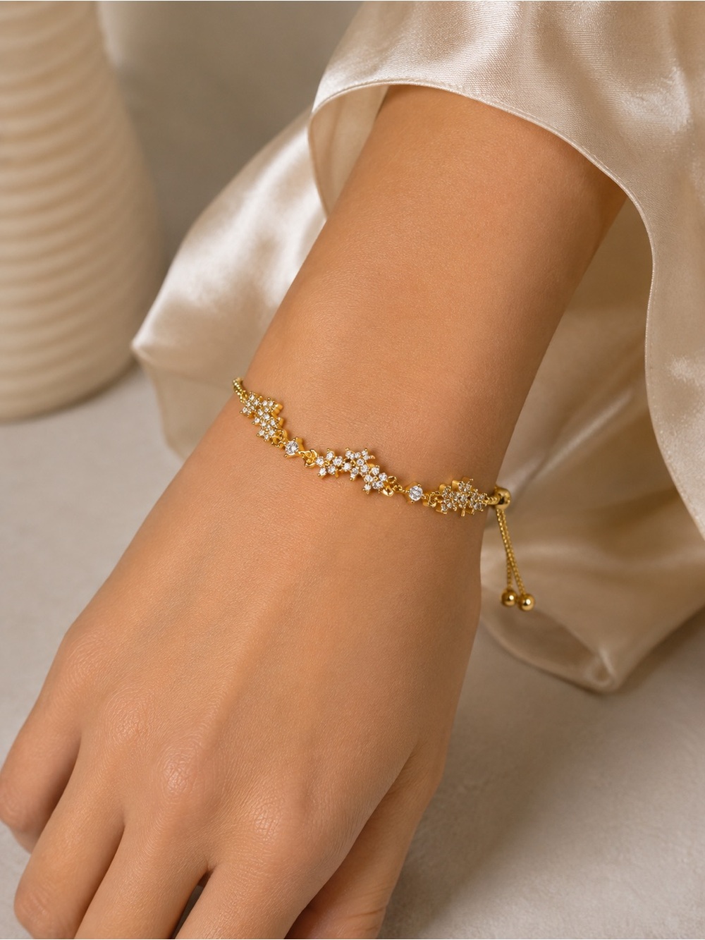 #162 18K Gold Plated Stainless Steel French Romantic Floral Bracelet Adjustable